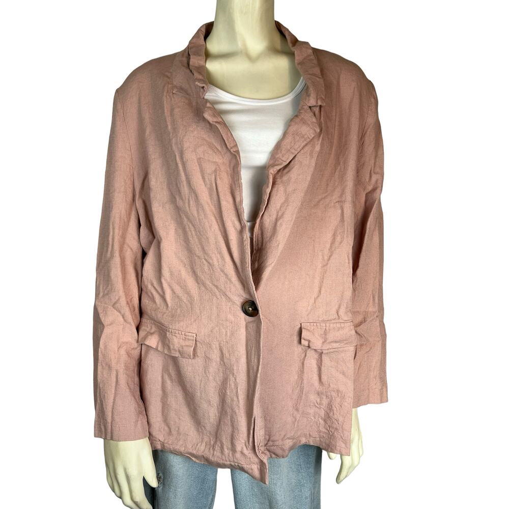 Asos Women Blazer Jacket Blush Pink One Button Flap Pockets Rayon Linen Blend 10